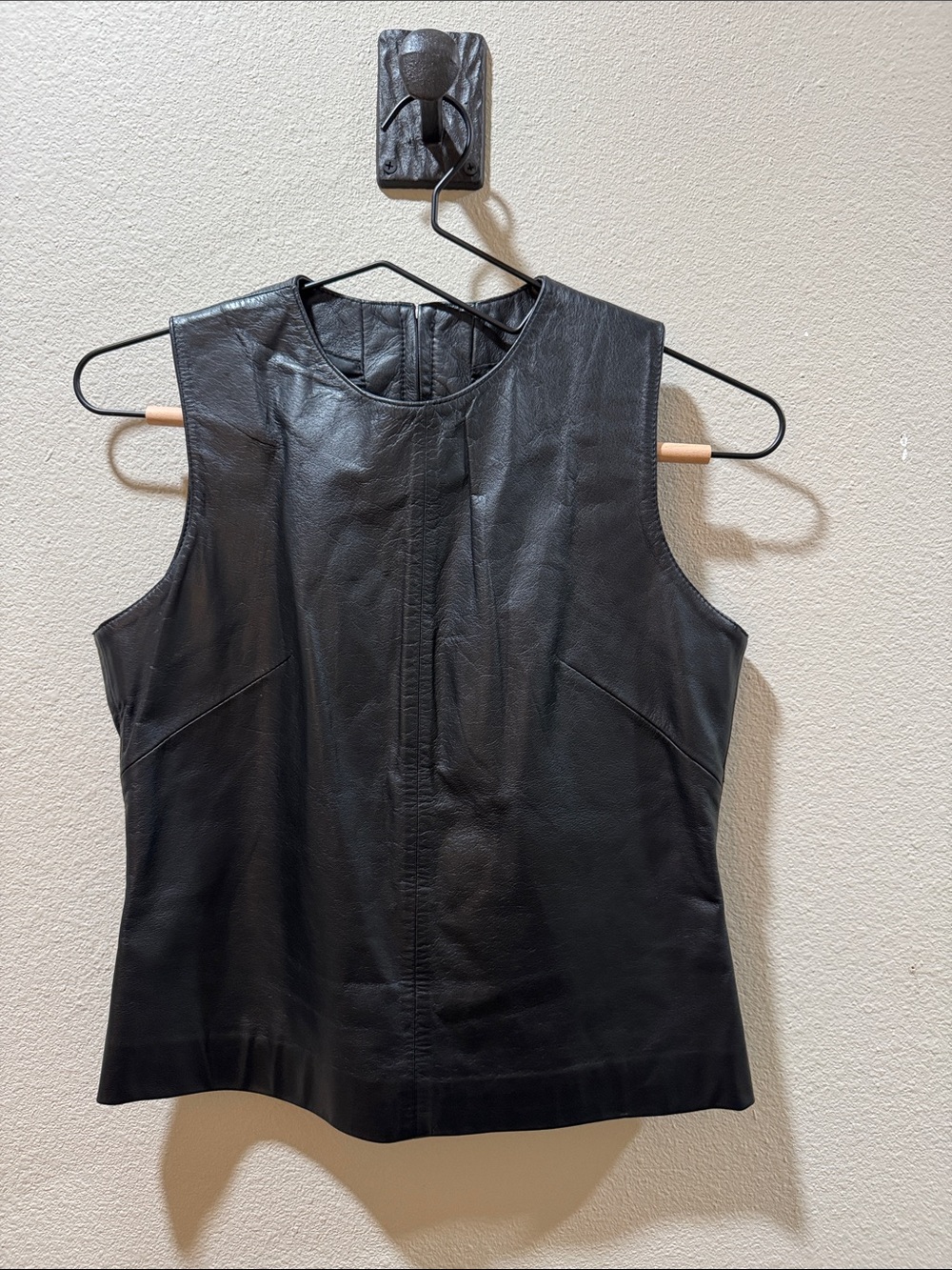 Black Leather Sleeveless Vest / Top Full Zip